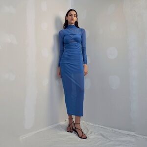 MISHA Madrigal Blue Mesh Long Sleeve Midi Dress L